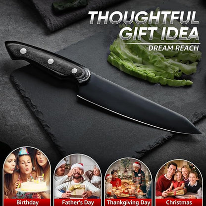 Dream Reach Kiritsuke Chef Knife - High Carbon Steel Sharp Kitchen Knife with Full Tang Handle, Hand Forged Black Cooking Knives for Birthday Mother Father Gift