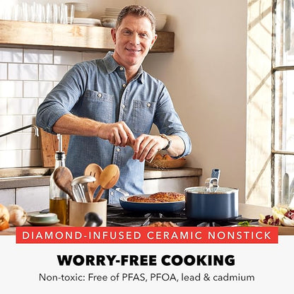 GreenPan x Bobby Flay 4.5QT Nonstick Saute Pan with Glass Lid, PFAS-Free Diamond Ceramic, Induction Suitable, Stay-Cool Silicone Handle, Easy Clean Dishwasher & Oven Safe, Navy Blue