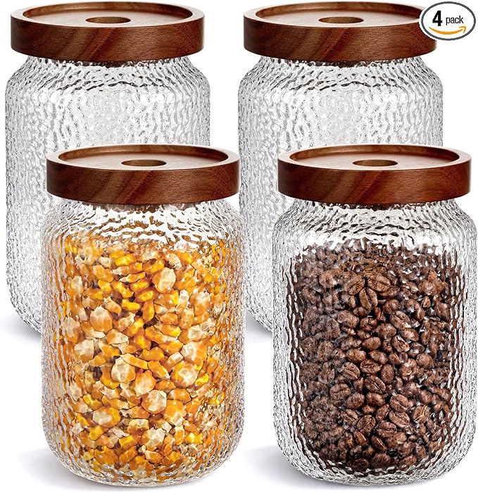 LemonRoad 4 Pack 23 oz Vintage Glass Jars with Lid Decorative Airtight Glass Food Containers Anti Slip Storage Canister for Kitchen Counter Pantry Coffee Nuts Sugar Candy Tea Cookie Spices Oats Cereal