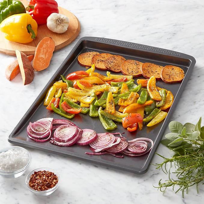 Chicago Metallic Everyday Nonstick Cookie Sheet Pan, Large 13x18 Inch Half Sheet Baking Pan, Carbon Steel with Silicone Coating, Flat Edge Cookie Slider, Oven Safe to 450F