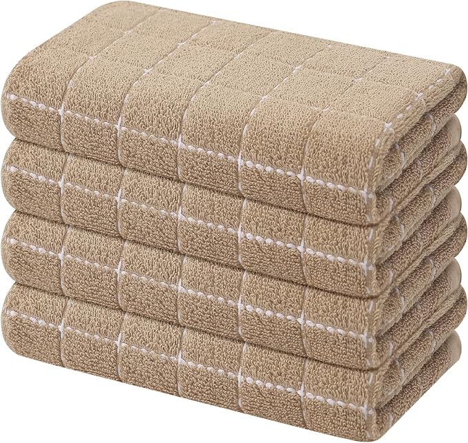 Mordimy 100% Cotton Terry Cloth Kitchen Towels, Super Soft and Absorbent Dish Towels for Drying, Checkered Designed Hand Towels for Kitchen, 16 x 26 Inches, 4 Pack, Tan