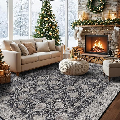 Vintage 10x14 Washable Area Rug: Large Living Room Rugs Indoor Soft Stain Resistant Carpet with Non-Slip Backing for Bedroom Dining Room Farmhouse Low Pile Floor Mat for King Size Bed (10x14 Black)