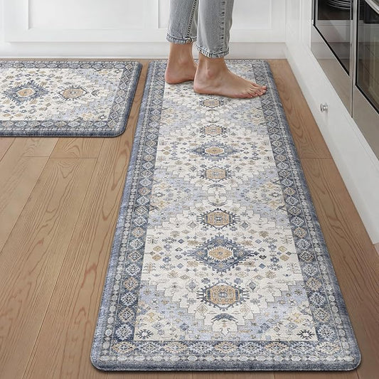 GENIMO Kitchen Mats for Floor, 2PCS Kitchen Rugs Non Slip Washable, Waterproof Anti Fatigue Mat, Comfort Standing Runner Rug for Sink, Office, Laundry, Home, 17.3"x59"+17.3"x30", Muted Blue