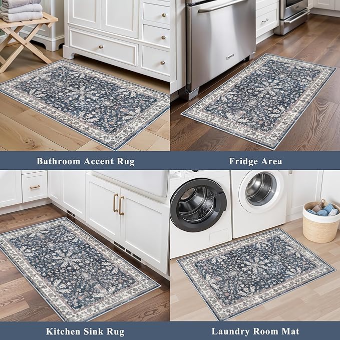 2x3 Non-Slip Washable Kitchen Rug - Boho Soft Small Area Rug for Sink, Entryway, Pet Area & Bathroom - Low Pile Thin Indoor Door Mat (Blue,2x3)