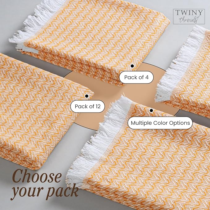 TWINY threads Kitchen Towel Chevron Design, Premium Large Kitchen Linen Set, 100% Cotton Dish Rags, Absorbent Quick Drying Wash Rags for Drying Dishes, Reusable, Set of 12, 16x26 Inch, Mustard Yellow