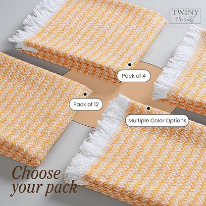 TWINY threads Kitchen Towel Chevron Design, Premium Large Kitchen Linen Set, 100% Cotton Dish Rags, Absorbent Quick Drying Wash Rags for Drying Dishes, Reusable, Set of 12, 16x26 Inch, Mustard Yellow