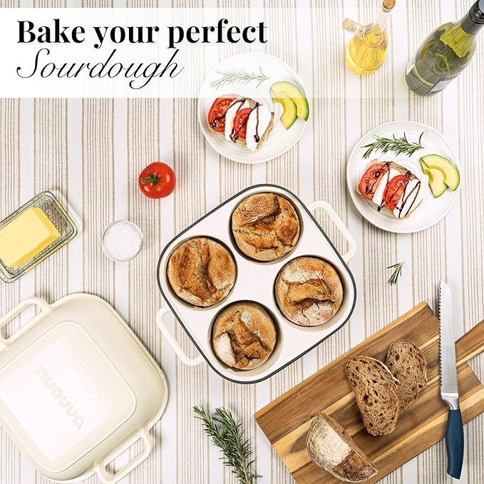 QuadPro Enamelled Cast Iron Bread Loaf Pot – Dutch Oven for Sourdough Bread Baking – 500°F Oven Safe Non Stick Bread Pot – 4 Round Loaf Spaces (4.90-inch Diameter), Cream – by Nuovva