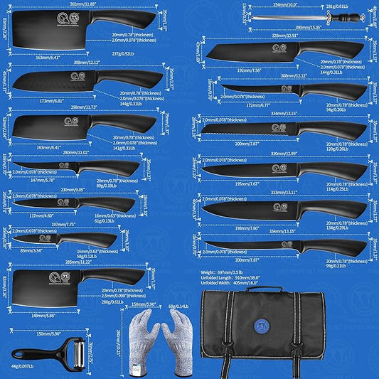 XYJ Knives,Professional Knife Sets for Master Chefs,Meat Cleaver Butcher for Camping,Chef Knife Set with Bag (Full Black)