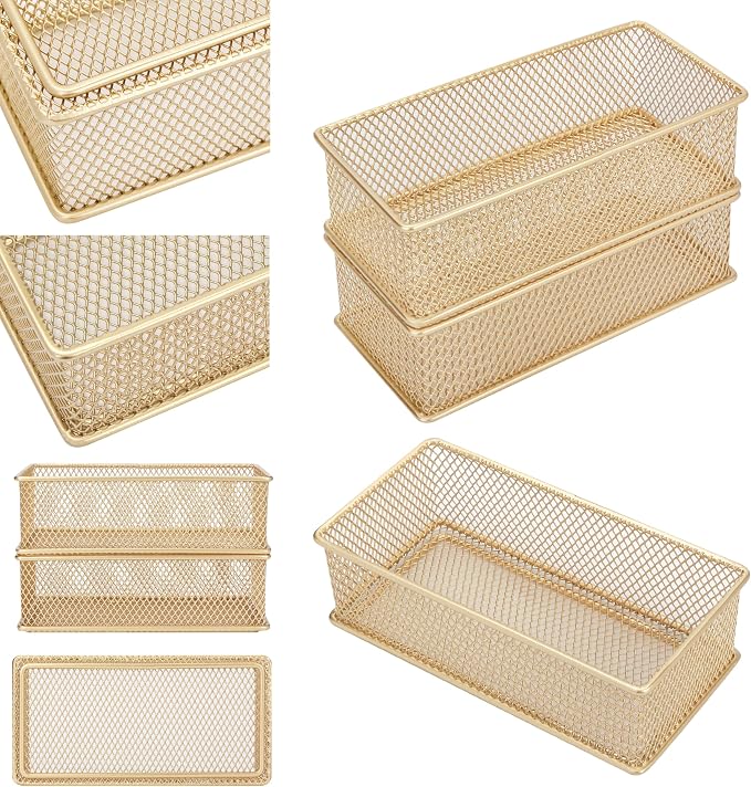 Annova Mesh Stackable Drawer Cabinet and Shelf Organizer Bins Storage Basket School Office Supply Holder Tray- Set of 2 (Gold, 3x6x2 Inch)