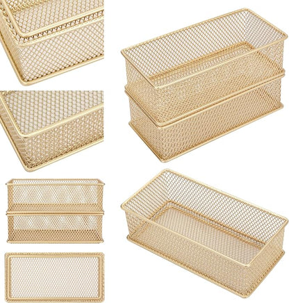 Annova Mesh Stackable Drawer Cabinet and Shelf Organizer Bins Storage Basket School Office Supply Holder Tray- Set of 2 (Gold, 3x6x2 Inch)