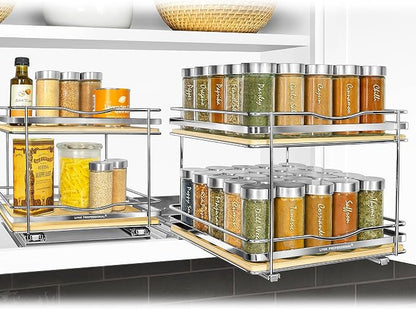 LYNK PROFESSIONAL® Élite™ Pull Out Spice Organization for Cabinets - 10-3/8 inch Wide – Spice Rack for Inside Cabinets – Wood/Chrome - Sliding Spice Rack Organizer for cabinet – Spice Rack - 2 Tier