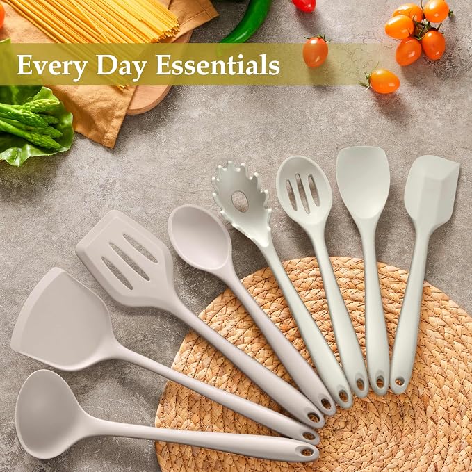 LIANYU 8Pcs Kitchen Utensils Set, Silicone Cooking Utensils Spatula Set for Nonstick Cookware, Include Silicone Spatula, Ladle, Turner, Spoon, Heat Resistant, Dishwasher Safe, Khaki White