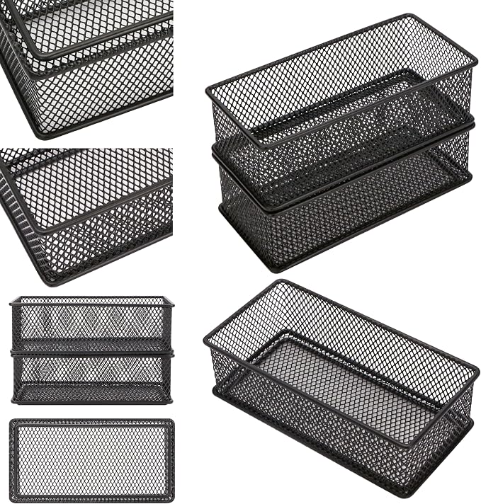 Annova Mesh Drawer Cabinet and Shelf Organizer Bins Storage Basket School Office Supply Holder Tray- Set of 2 (Black, 3x6x2 Inch)