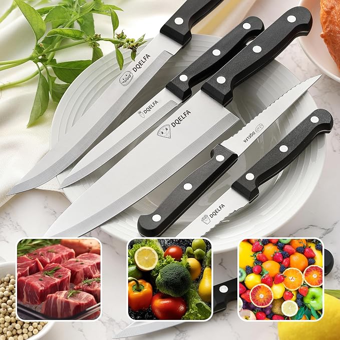 6 Piece Kitchen Knife Set, Stainless Steel Knife Set With Ergonomic Handle, Rustproof, Dishwasher Safe (Black, Fun Food Icons)