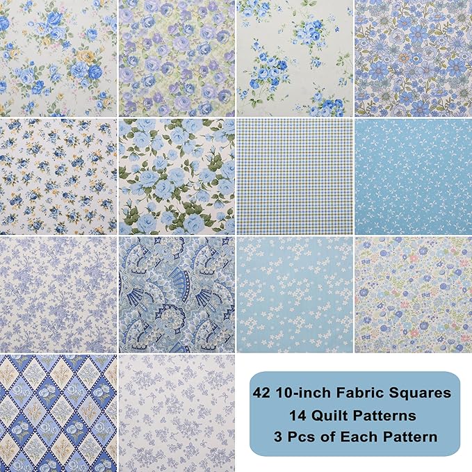 Nodsaw 42 Pcs 10" Layer Cake Precut Cotton Fabric Squares - Vintage Blue Floral Prints Fabric Quilt Squares 10x10 - Layer Cakes 10 inch Squares for Quilting, Sewing, and DIY Crafts, Sunshine Blooms