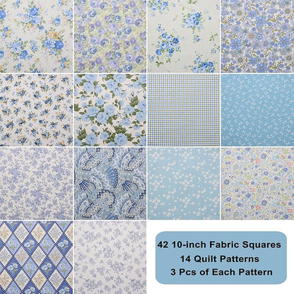 Nodsaw 42 Pcs 10" Layer Cake Precut Cotton Fabric Squares - Vintage Blue Floral Prints Fabric Quilt Squares 10x10 - Layer Cakes 10 inch Squares for Quilting, Sewing, and DIY Crafts, Sunshine Blooms