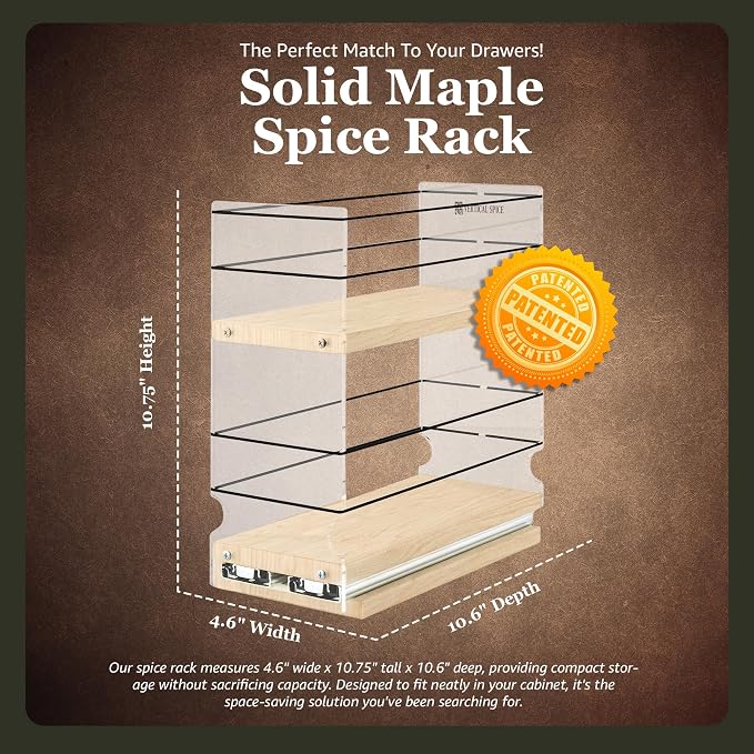 Vertical Spice Solid Maple Storage Rack Drawer - Sliding Spice Rack - Pantry Organizers and Storage - Kitchen Cabinet Organizer - Made in USA -1 Drawer, 2 Tiers (4.6" W x 10.75" H x 10.6" D)