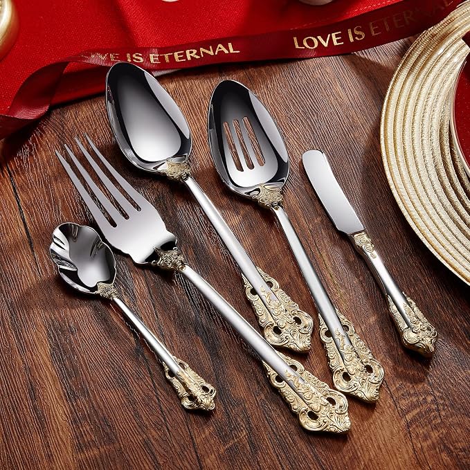 KEAWELL Gorgeous 5-Piece 18/10 Stainless Steel Hostess Serving Utensil Set, Dishwasher Safe (Gold Accent)