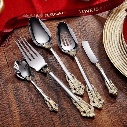 KEAWELL Gorgeous 5-Piece 18/10 Stainless Steel Hostess Serving Utensil Set, Dishwasher Safe (Gold Accent)