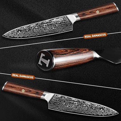 Damascus Kitchen Knife Set 3 PCS, Ultra Sharp Chef Knife Set With Japan VG-10 Steel Core, Professional High Carbon Steel Japanese Knife Sets for Cooking With Ergonomic Wooden Handle & GIFT BOX