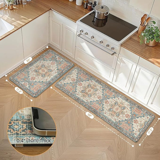 GENIMO Kitchen Mats for Floor 2PCs, Washable Anti Fatigue Mat for Cushioned, 17.3"x59"+17.3"x30", Waterproof Kitchen Rugs, Non Slip Comfort Standing Mat Rug for Home, Sink, Laundry, Blue&Salmon