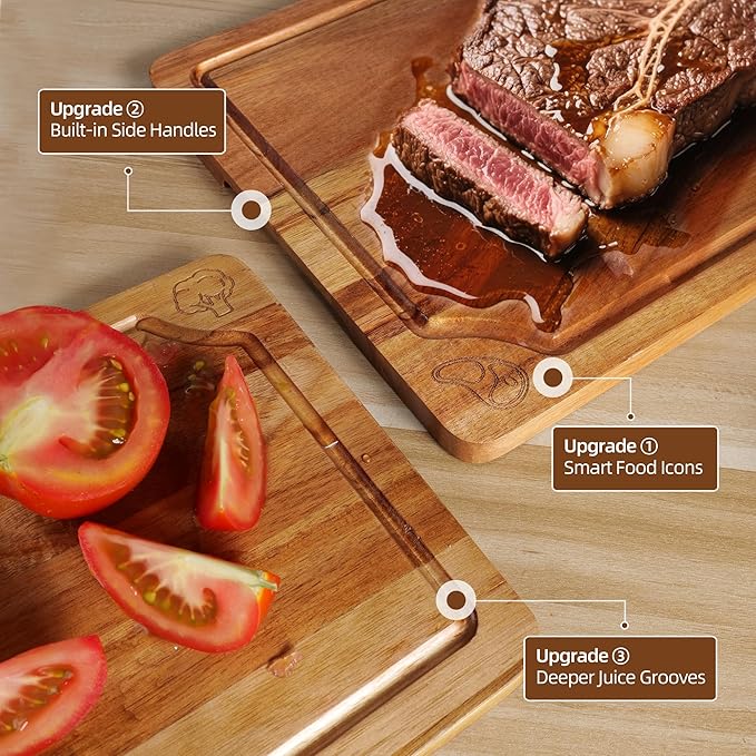 Acacia Wood Cutting Boards Set for Kitchen, 4-Piece Chopping Board Set with Food Icon (Meat, Fish, Vegetables, Fruits) Wooden Butcher Block with Stands & Juice Groove (S,M,L,XL)
