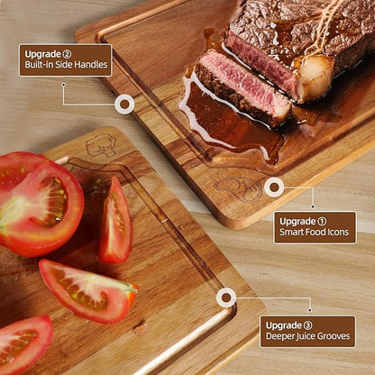 Acacia Wood Cutting Boards Set for Kitchen, 4-Piece Chopping Board Set with Food Icon (Meat, Fish, Vegetables, Fruits) Wooden Butcher Block with Stands & Juice Groove (S,M,L,XL)