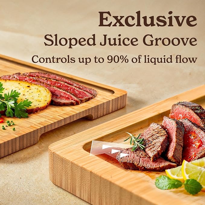 SMIRLY Bamboo Cutting Boards for Kitchen - Wood Cutting Board with Handle and Juice Groove for Meal Prep, Charcuterie - Kitchen Gadgets - Wooden Chopping Board Set of 4 with Holder - Natural Bamboo