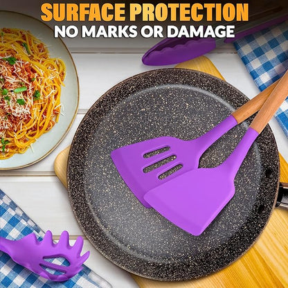 12 Pcs Purple Kitchen Utensils Set with Holder – Versatile Silicone Utensils Set for Cooking and Baking, Gentle on Pots and Pans, Heat-Resistant, Stylish, Easy to Clean, Purple Kitchen Accessories