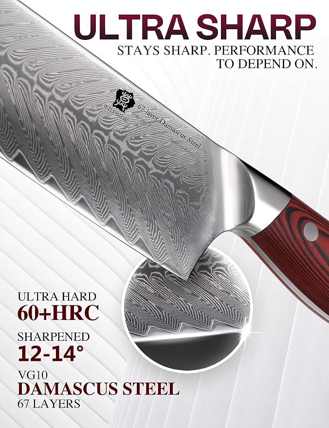 WILDMOK Damascus Santoku Knife, 7 Inch Sharp Professional Meat Vegetable Knife, Japanese Super VG10 Steel Multifunction Asian Knife with Full Tang G10 Handle-Song Series