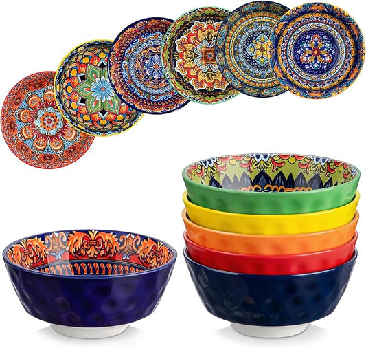 vancasso Boho Cereal Bowls Set of 6, 26 oz Ceramic Soup Bowls with Colorful Bohemian Pattern, Microwave & Dishwasher Safe Serving Bowls for Salad, Oatmeal, Pasta, KRVI Series