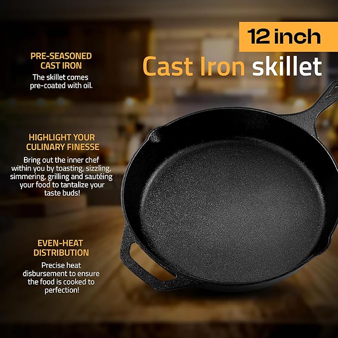 Utopia Kitchen Premium Cast Iron Skillets 12 Inch, Chef's Pan, PFAS-Free, Pre-Seasoned Frying Pan, Stovetop, Oven, Campfire and Grill Large Skillet, Even Heat Distribution Cast Iron Pan - Black