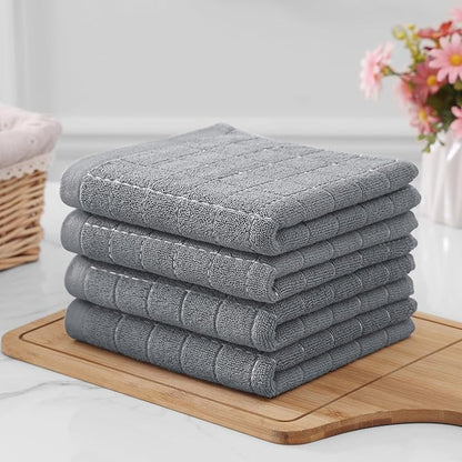 Homaxy 100% Cotton Terry Kitchen Towels(Grey, 13 x 28 inches), Checkered Designed, Soft and Super Absorbent Dish Towels, 6 Pack