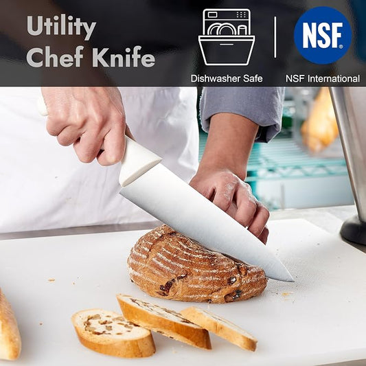 CURTA 8-inch Commercial-Grade Chef's Knife, NSF Listed, Ergonomic, Non-slip White Handle, High Carbon 420 Stainless Steel Forged Blade Straight Edge, Dishwasher Safe, Rust Proof