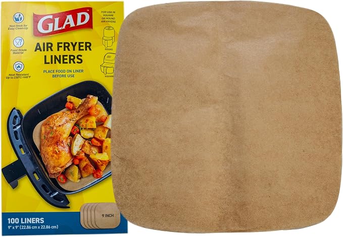 Glad Air Fryer Parchment Liners, Nonstick, Heat Resistant to 446 Degrees F, Food-Grade Material, Flat Square for Round and Square Air Fryer Baskets, 9" x 9", 100 Count