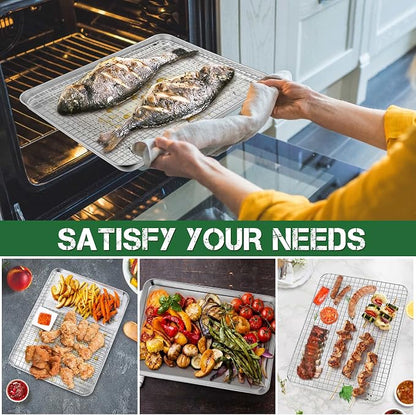 P&P CHEF 12.5 Inch Toaster Oven Pan with Rack Set, Stainless Steel Baking Pan Tray and Grid Cooling Rack for Cooking/Roasting, Dishwasher Safe & Easy to Clean, Non-toxic & Sturdy, (4Pcs)
