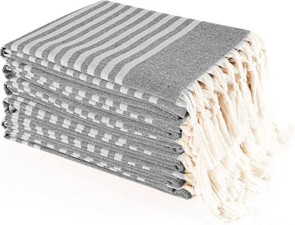 TWINY threads Set of 6 100% Cotton Turkish Kitchen Towels with Hanging Loop & Tassels (18" X 28") | Ultra Washcloth with Fringes | Reusable Hand Towels - Black