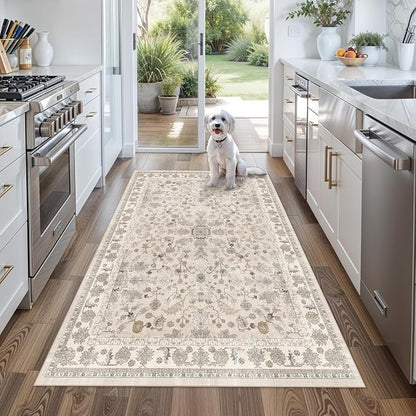 4x5 Washable Kitchen Entryway Rug – Non-Slip Soft Low Pile Indoor Carpet for Bathroom Living Room Bedroom – Boho Floral Small Throw Area Rug (Beige,4x5)
