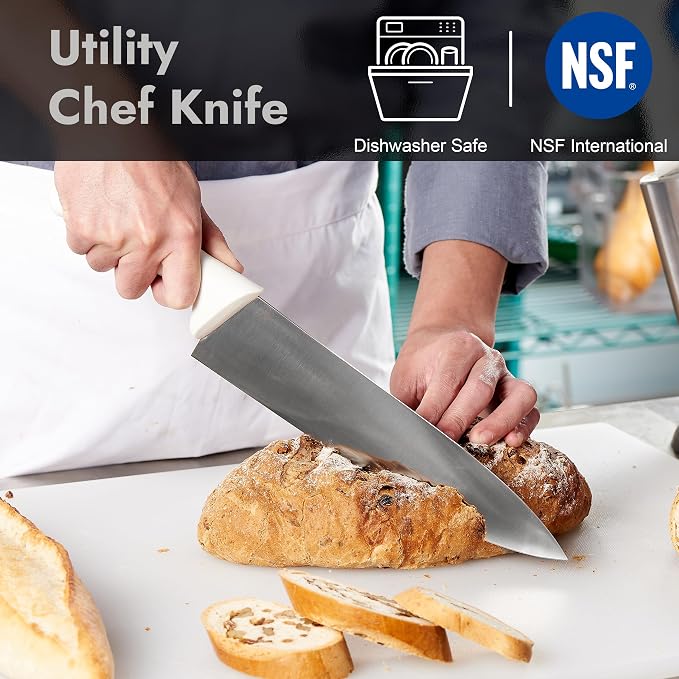 CURTA 10-inch Commercial-Grade Chef's Knife, NSF Listed, Ergonomic, Non-slip White Handle, High Carbon 420 Stainless Steel Forged Blade Straight Edge, Dishwasher Safe, Rust Proof