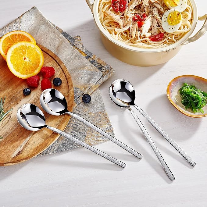 KEAWELL Premium Korean Soup Spoons with Long Handles, Set of 4, 18/10 Stainless Steel, Dishwasher Safe (Hammered)