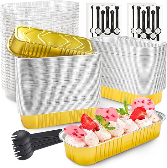 NPLUX Mini Loaf Pans with Lids and Spoons Rectangular Aluminum Foil Baking Pans Mini Cheesecake Containers 6.8oz, Graduation Gifts Party Favors(120 Pack, Gold)