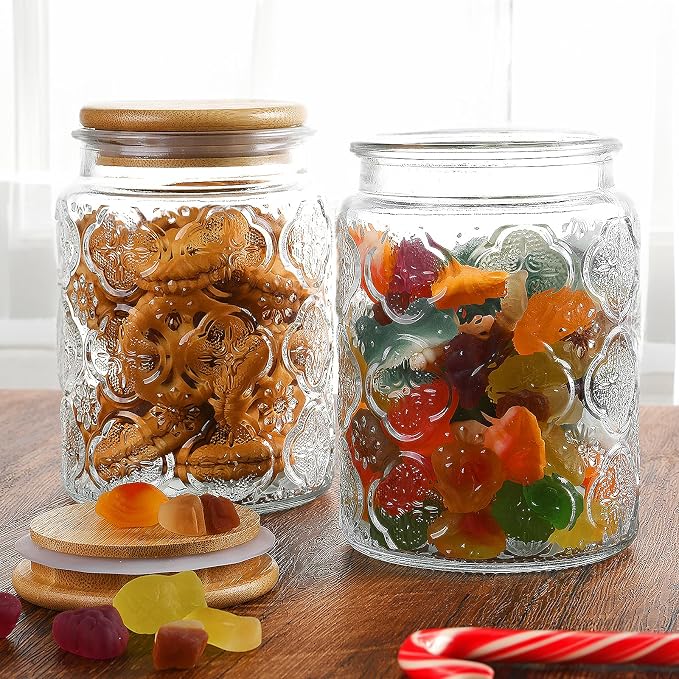 Custde Glass Storage Jars With Airtight Lid, 23.7oz Canister For Kitchen Counter with Bamboo Lid, brown sugar, candy, coffee, cookie, salt, tea,pantry cute Jar (Begonia Flowers*2)