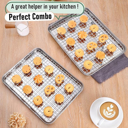 Homikit Jelly Roll Pan with Cooling Rack Set (2 Pans+2 Racks), 16" x 12" Stainless Steel Baking Sheet Tray with Wire Grid Rack, Cookie Bacon Pan for Oven Cook Roast, Rust Proof & Nonstick