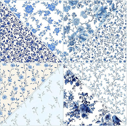 Tatuo 30 Pcs 10 x 10 Inches Blue and White Floral Cotton Fabric Quilting Bundle Squares Patchwork Floral Fabric Sewing Quilting Bundles Assorted Pattern Cloth for DIY Scrapbook Craft Making