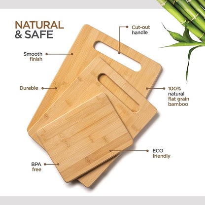 Bamboo Cutting Boards for Kitchen - Set of 3 Wood Cutting Boards with Handle, Large Medium Small Chopping Boards for Meat Vegetables Fruit Cheese Bread, Knife Friendly Serving Tray, Natural by Bambüsi