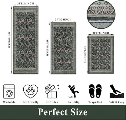 Kitchen Rugs 3 Piece Set, Washable Non-Slip Farmhouse Kitchen Mats for Hardwood Floor, Rustic Floral Boho Runner Rug for Sink,Entryway & Hallway & Bathroom (Dark/Green/Floral,2x3-2x4-2x5)