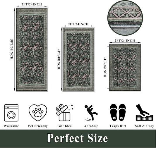 Kitchen Rugs 3 Piece Set, Washable Non-Slip Farmhouse Kitchen Mats for Hardwood Floor, Rustic Floral Boho Runner Rug for Sink,Entryway & Hallway & Bathroom (Dark/Green/Floral,2x3-2x4-2x5)