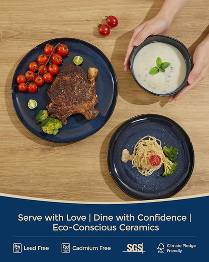 Pokini Ceramic Dinnerware Sets, Microwave Safe Plates and Bowls Sets, Kitchen Dishes Set for 4, Unbreakable & Dishwasher Safe Tableware, Everyday Use, Starry Blue