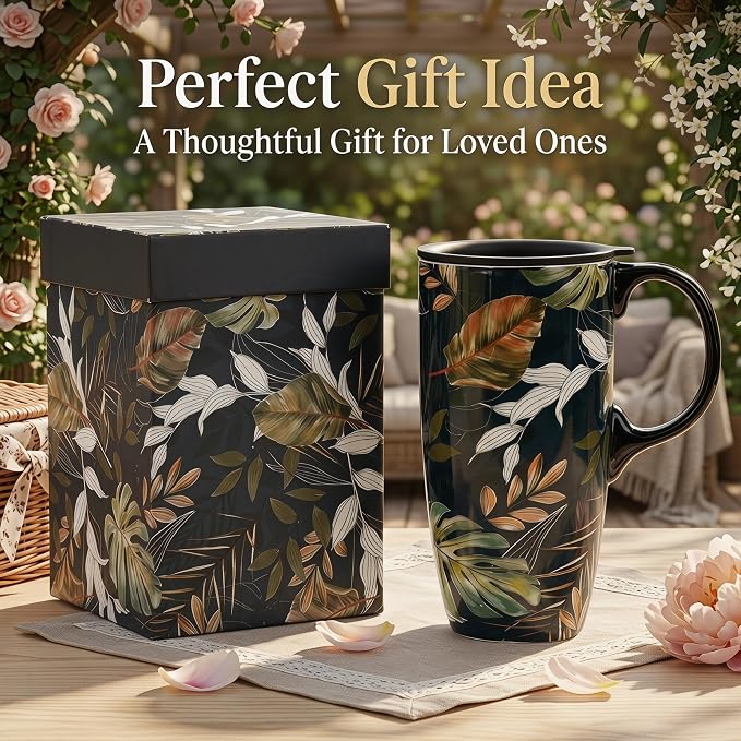 Topadorn 17oz Ceramic Travel Mug with Lid and Handle, Leaf Art Coffee Cup, Nature Inspired Porcelain Mug, Microwave & Dishwasher Safe, Gift Box Included