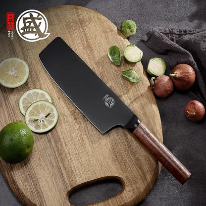 MITSUMOTO SAKARI 7-Inch Japanese Nakiri Knife, Black Titanium Coated | Flat Nakiri edge for vegetable push cuts, black titanium coating, German alloy steel, walnut handle